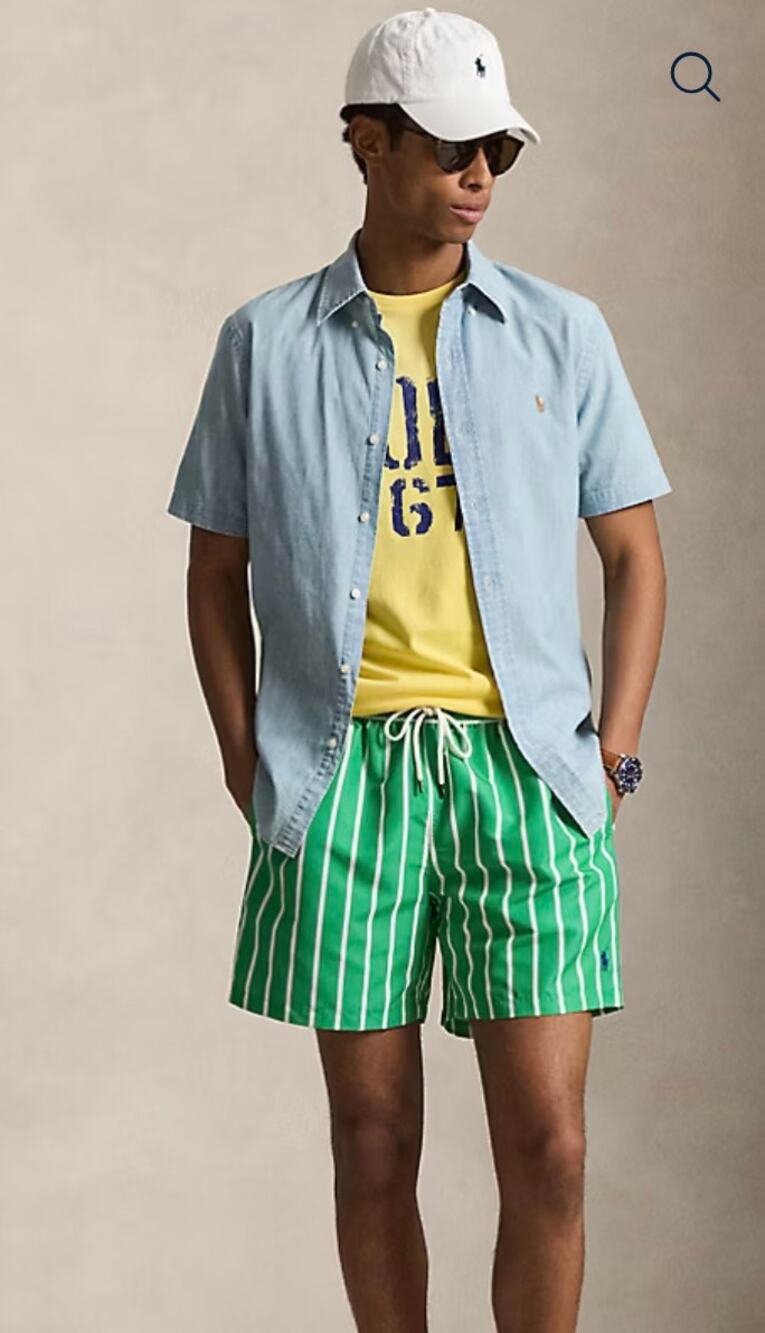 Ralph Lauren Polo Men's 5.75-Inch Traveler Swim Trunk XL Green Whilte stripe